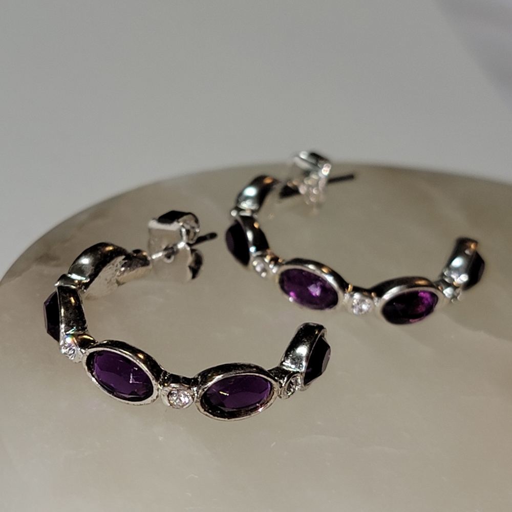 Avon Birthstone-Color Hoop Earrings February Amethyst Silver Tone Rhinestone - Picture 8 of 16